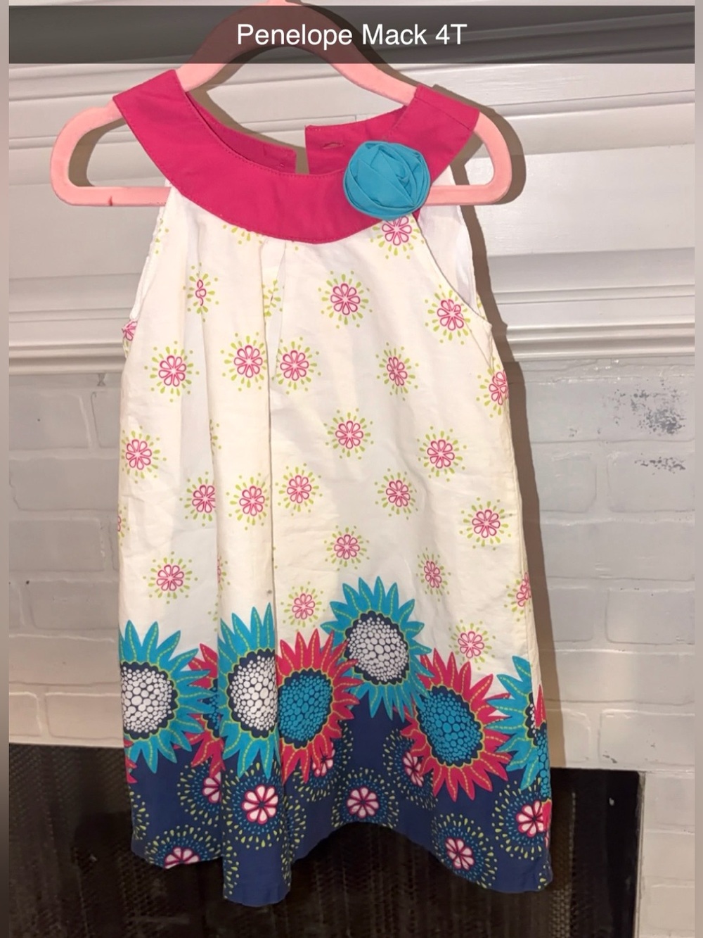 Penelope Mack White Dress with Pink Collar & Turquoise Flower Accent kids dress